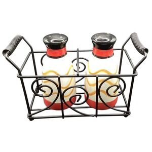 Vintage Set Of Salt And Pepper Shakers With Black Wrought Iron Stand Collectible